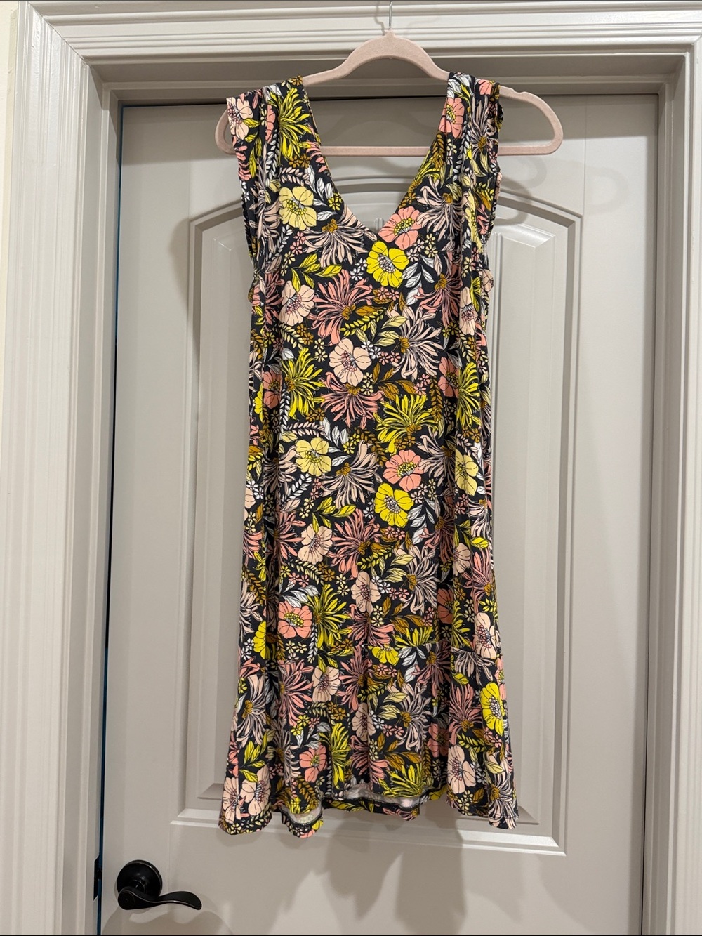 LOFT Black Sleeveless Midi Dress with Pink & Yellow Floral Print